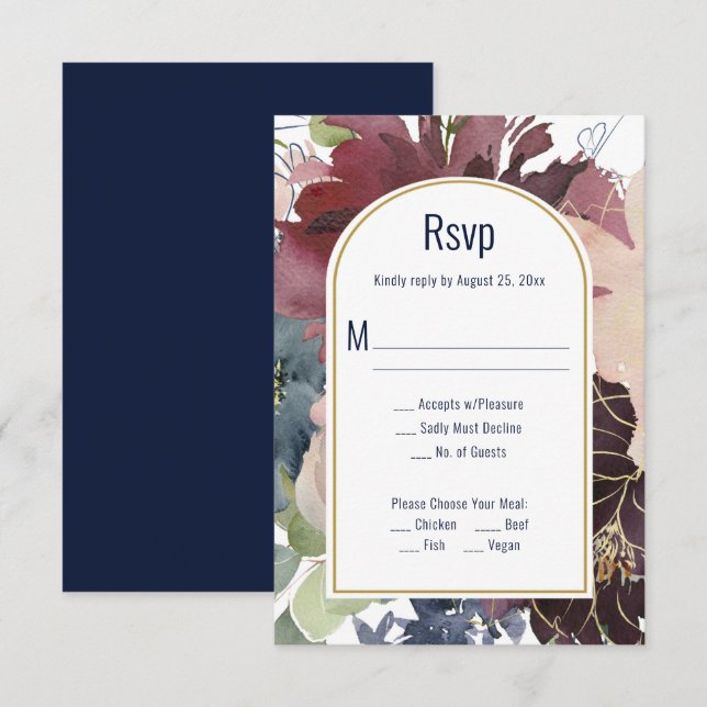 Burgundy, Rosé, Navy Guld Båge RSVP OSA Kort (Fram/baksida)