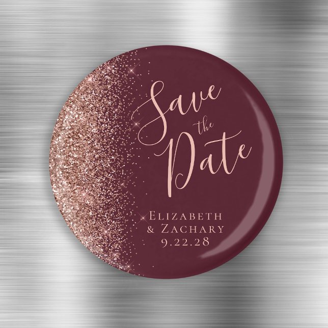 Burgundy Roséguld Glitter Skrift Spara Datum Magnet (Skapare uppladdad)