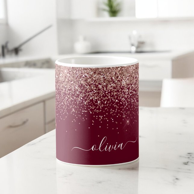 Burgundy Roséguld Rodnad Glitter Monogram Jumbo Mugg (Skapare uppladdad)