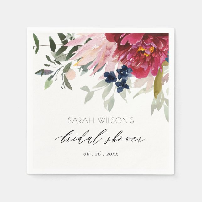 Burgundy Rosenskär Blå Blommig Bröllopsdusch Pappersservett (Framsidan)