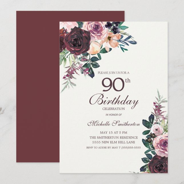 Burgundy Rosenskära Rosa Blommor 90-årsdag Inbjudningar (Fram/baksida)