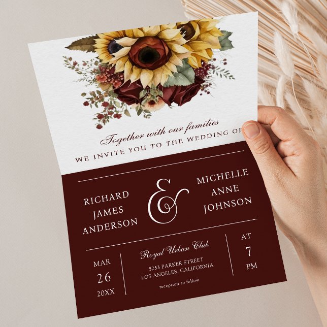 Burgundy Roses Sunflowers QR Code Wedding Inbjudan (Skapare uppladdad)