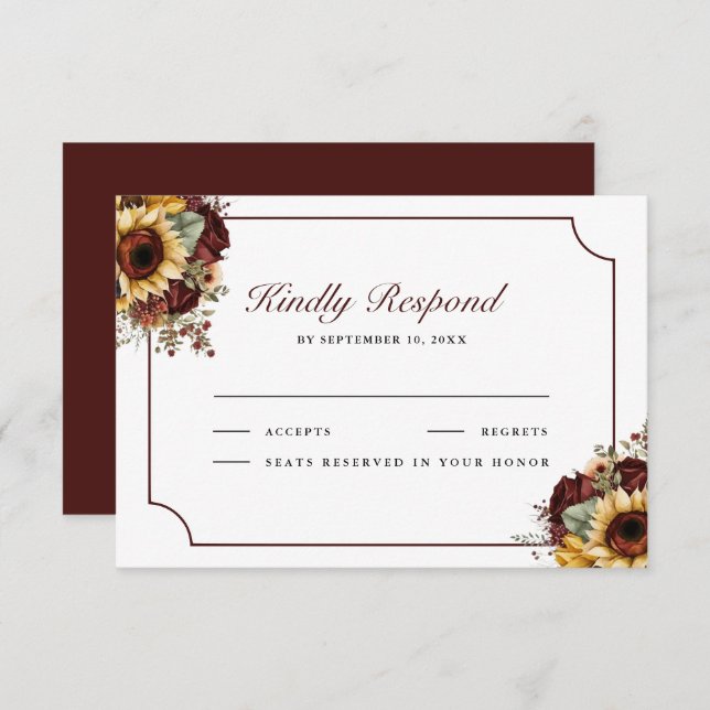Burgundy Roses Sunflowers Wedding OSA Kort (Fram/baksida)