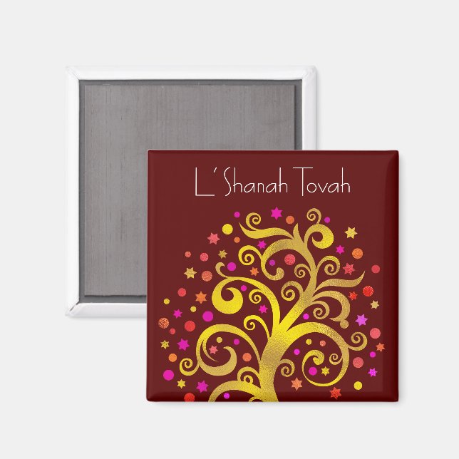 Burgundy Rosh Hashanah Guld Modern Livets träd Magnet (Front/Back)