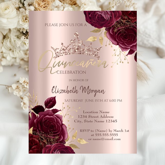 Burgundy Rosor Chic Ro Guld Quinceañera Inbjudningar (Skapare uppladdad)