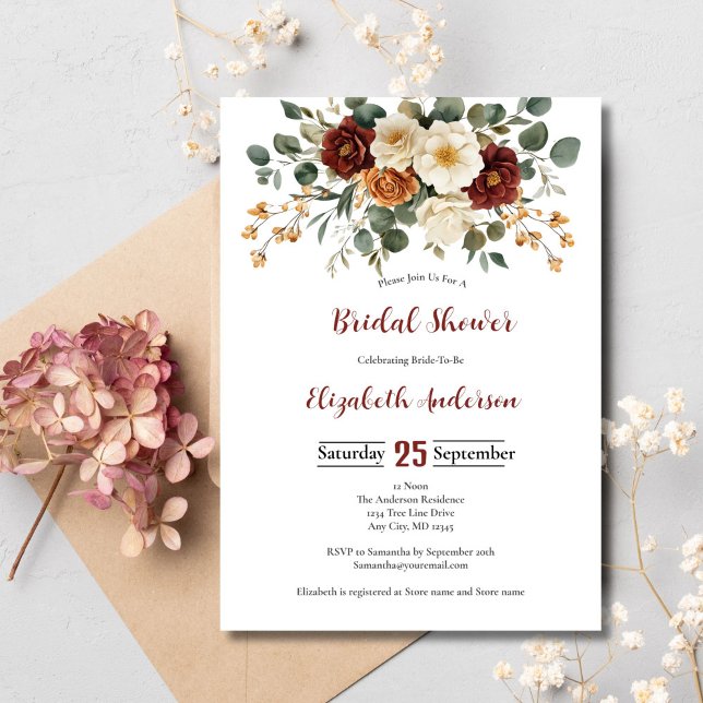 Burgundy Rost Kräm Blommor Bröllopsfest Inbjudningar (Burgundy Rust and Cream Floral Bridal shower invitation)
