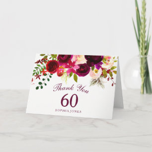 Burgundy rött blom- Boho 60th födelsedagtack Tack Kort
