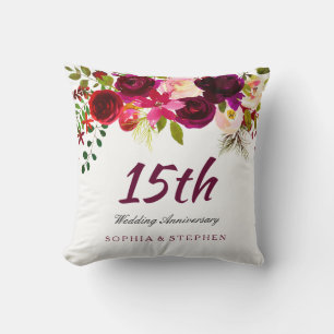Burgundy Ruby Red Blommigt 15:e Bröllop-årsdagen Kudde