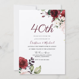 Burgundy Ruby Red Floral 40th Wedding Anniversary Inbjudningar