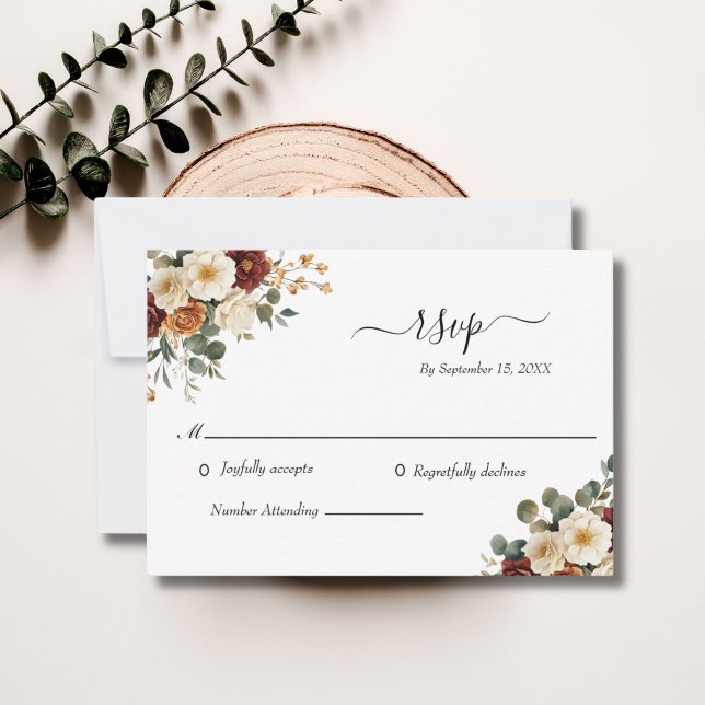 Burgundy Rust Cream Blommigt Elegant bröllop OSA Kort (Rust Cream Floral with Eucalyptus Wedding RSVP card)