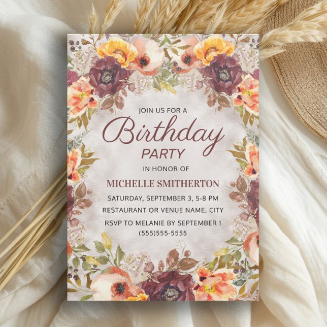 Burgundy Rust Orange Blommigt Kvinnor födelsedag Inbjudningar (Burgundy and burnt orange watercolor floral birthday party invitation)