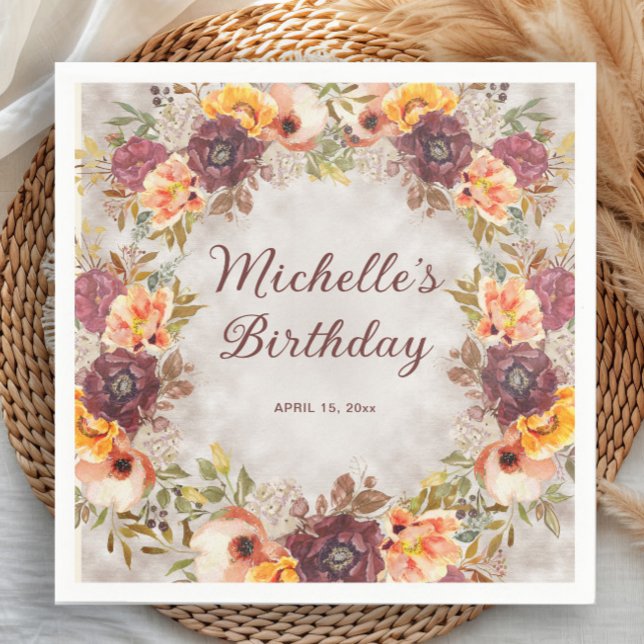 Burgundy Rust Orange Blommigt Kvinnor födelsedag Pappersservett (Burgundy, rust, and burnt orange watercolor floral birthday party paper napkins)