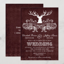 Burgundy Rustic Antler Hjort Woodland Bröllop Inbjudningar