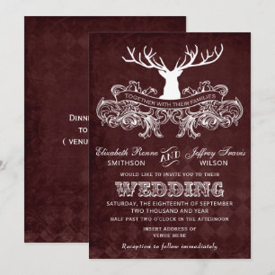 Burgundy Rustic Antler Hjort Woodland Bröllop Inbjudningar