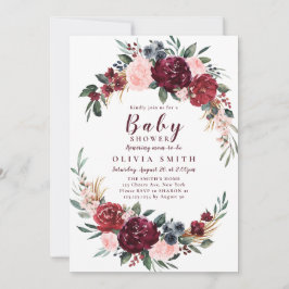 Burgundy rustic boho blommigt babydusch inbjudningar
