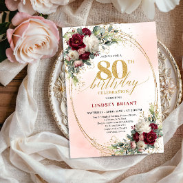 Burgundy Rustic Boho Floral 80th Birthday Invite Inbjudningar