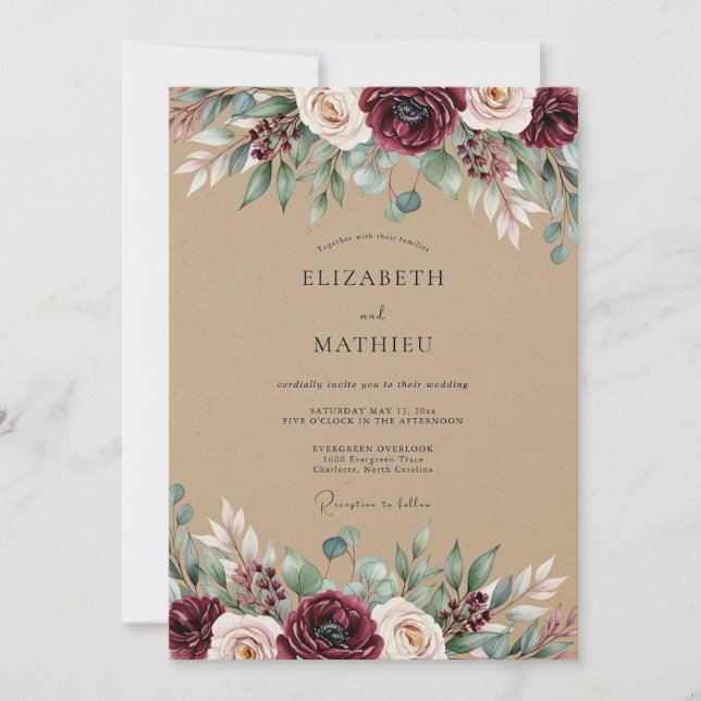 Burgundy Rustic Botanical Wedding Inbjudningar (Framsida)