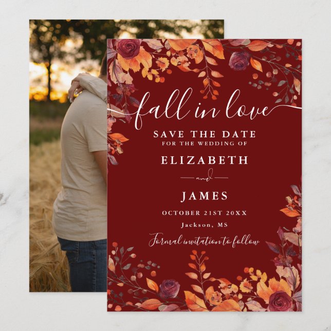 Burgundy Rustic Fall Autumn Photo Wedding Spara Datumet (Fram/baksida)