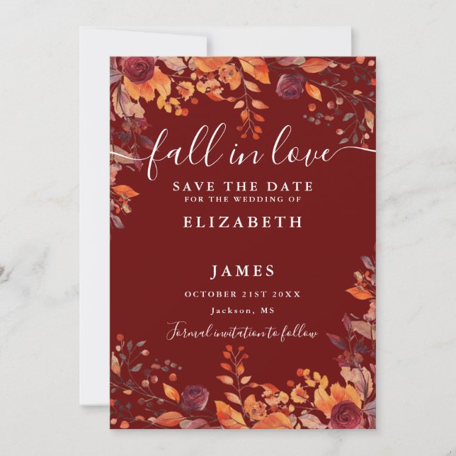 Burgundy Rustic Fall Autumnal Floral Wedding Spara Datumet (Framsida)