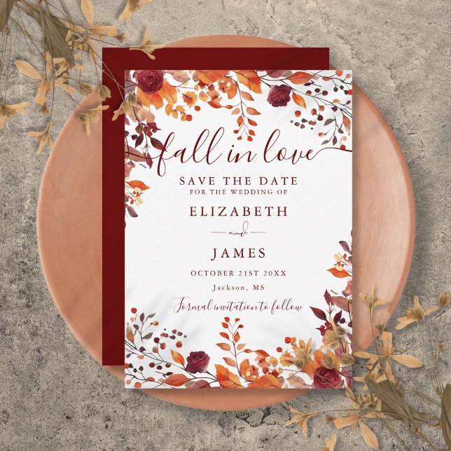 Burgundy Rustic Fall Autumnal Löv Bröllop Spara Datumet (Burgundy Rustic Fall Autumnal Leaves Wedding Save The Date)