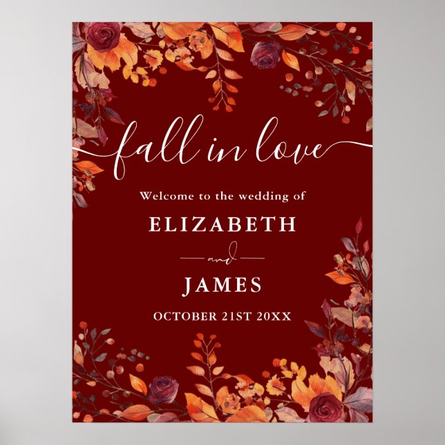 Burgundy Rustic Fall In Love Wedding Welcome Sign Poster (Framsidan)