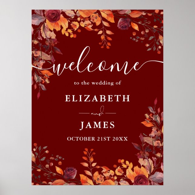 Burgundy Rustic Floral Fall Wedding Welcome Sign Poster (Framsidan)