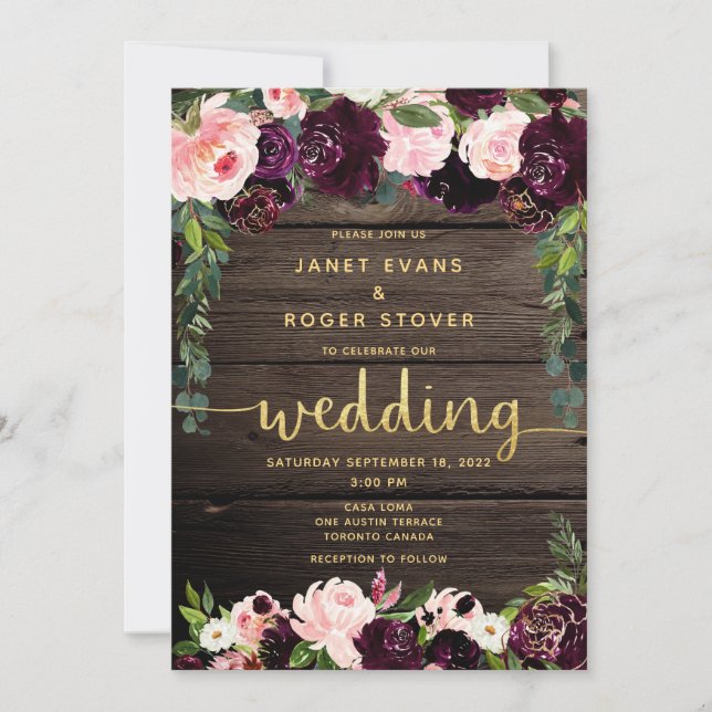  Burgundy Rustic Guld Calligraphy Bröllop Inbjudningar (Framsida)