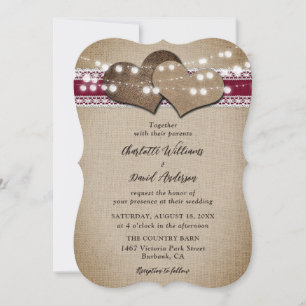Burgundy Rustic Land Burlap Snöre Bröllop Inbjudningar