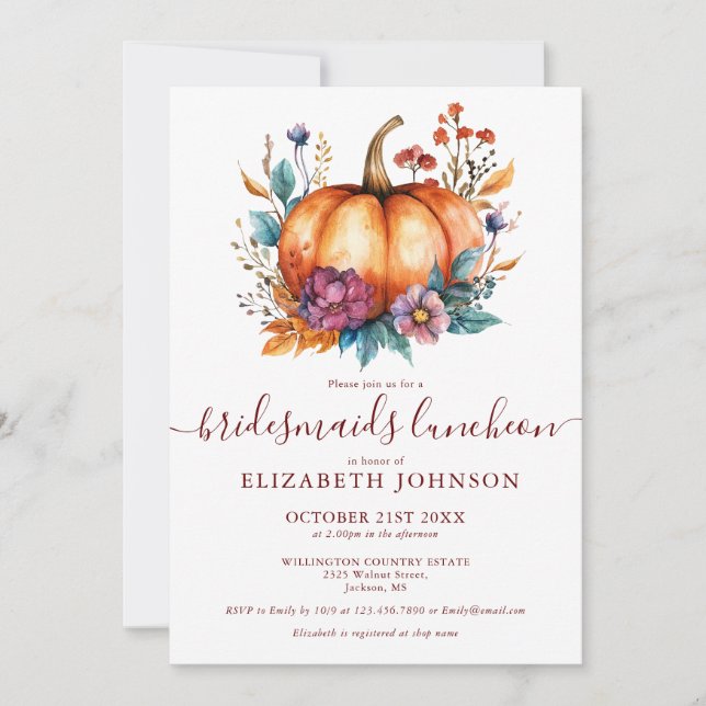 Burgundy Rustic Pumpkin Bridesmaids Luncheon Inbjudningar (Framsida)