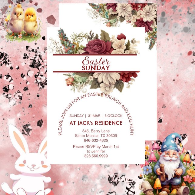 Burgundy Rustic Ro Pastel Blommigt Påsk Söndag Inbjudningar (Burgundy Rustic Roses Pastel Floral Easter Sunday Invitation)