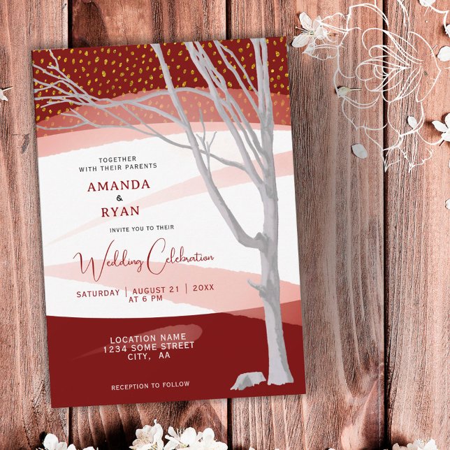 Burgundy Rustic Winter Tree Watercolor Wedding Inbjudningar (Skapare uppladdad)