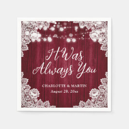 Burgundy Rustic Wood Floral Lace Wedding Pappersservett