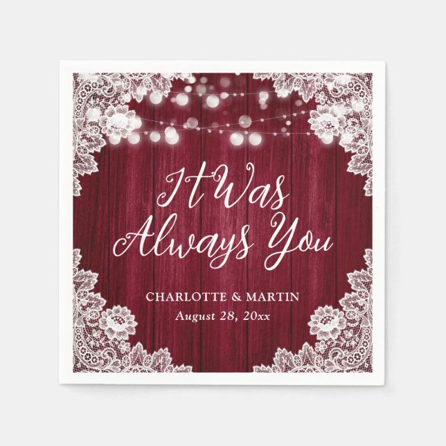 Burgundy Rustic Wood Floral Lace Wedding Pappersservett (Framsidan)