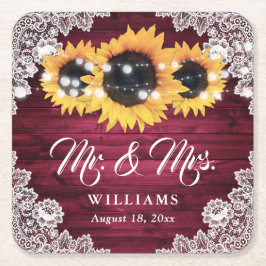 Burgundy Rustic Wood Snöre Solros Bröllop Underlägg Papper Kvadrat