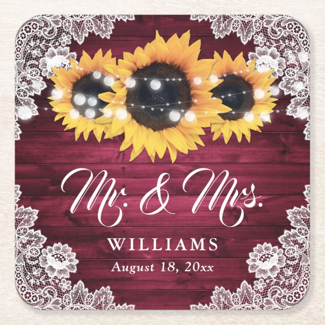 Burgundy Rustic Wood Snöre Solros Bröllop Underlägg Papper Kvadrat (Framsidan)