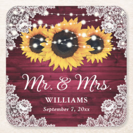 Burgundy Rustic Wood Snöre Solros Bröllop Underlägg Papper Kvadrat