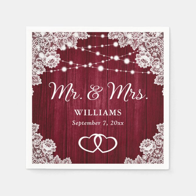 Burgundy Rustic Wood Snöre String Ljus Bröllop Pappersservett (Framsidan)