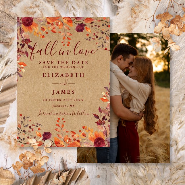 Burgundy Rustik Höst Bröllopsfoto Spara Datumet (Burgundy Rustic Fall Autumn Photo Wedding Save The Date)