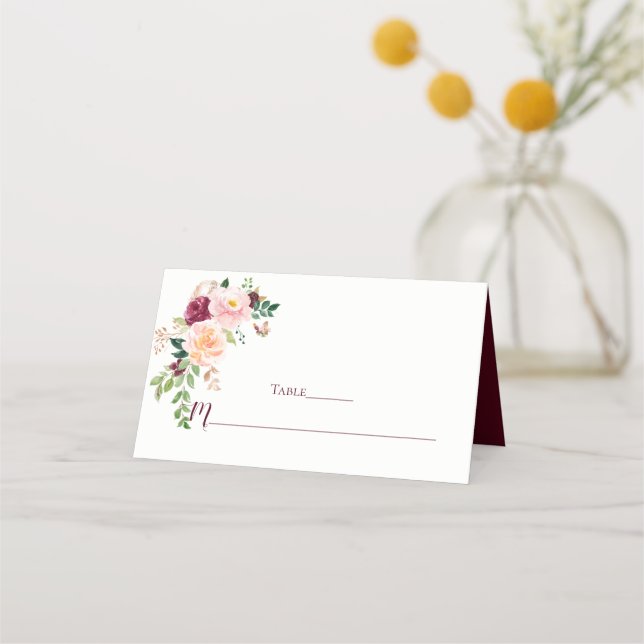 Burgundy  Saffron-Blommigt Bouquet-platskort Placeringskort (Framsida)