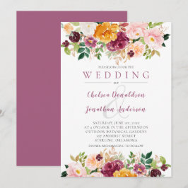 Burgundy, Saffron, Mauve Watercolor Blooms Bröllop Inbjudningar