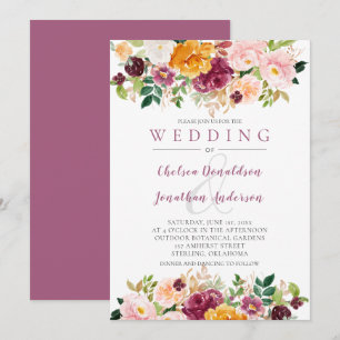 Burgundy, Saffron, Mauve Watercolor Blooms Bröllop Inbjudningar
