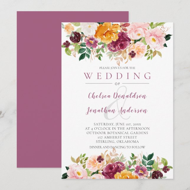 Burgundy, Saffron, Mauve Watercolor Blooms Bröllop Inbjudningar (Fram/baksida)
