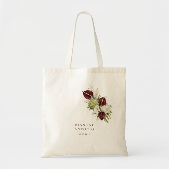 Burgundy & Sage Grön Blommig Bröllopsfavorit Tygkasse (Framsidan)