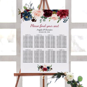 Burgundy sätesdiagram för blå Blommigt Bröllop Poster