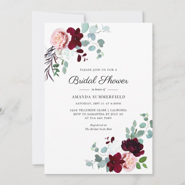 Burgundy Script Blommig Eucalyptus Bröllopsdusch Inbjudningar (Framsida)