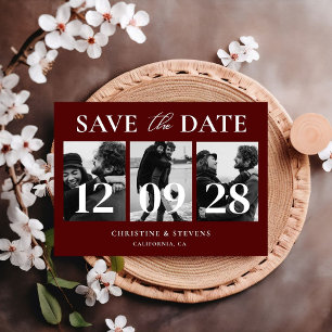 Burgundy Script Bröllop Foton Save The Date Vykort