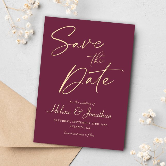 Burgundy Script Modern Elegant Minimalist Bröllop Spara Datumet (Burgundy Script Modern Elegant Minimalist Wedding Save The Date)