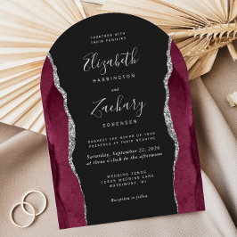 Burgundy Silver Agat Mörk Bågformad Bröllopsinbjud Inbjudningar