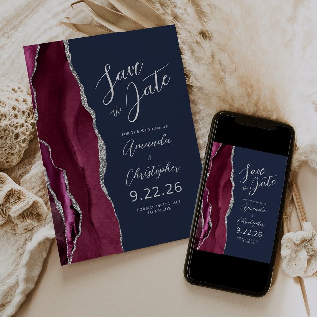 Burgundy Silver Agat Script Navy Spara Datum Meddelande (Skapare uppladdad)