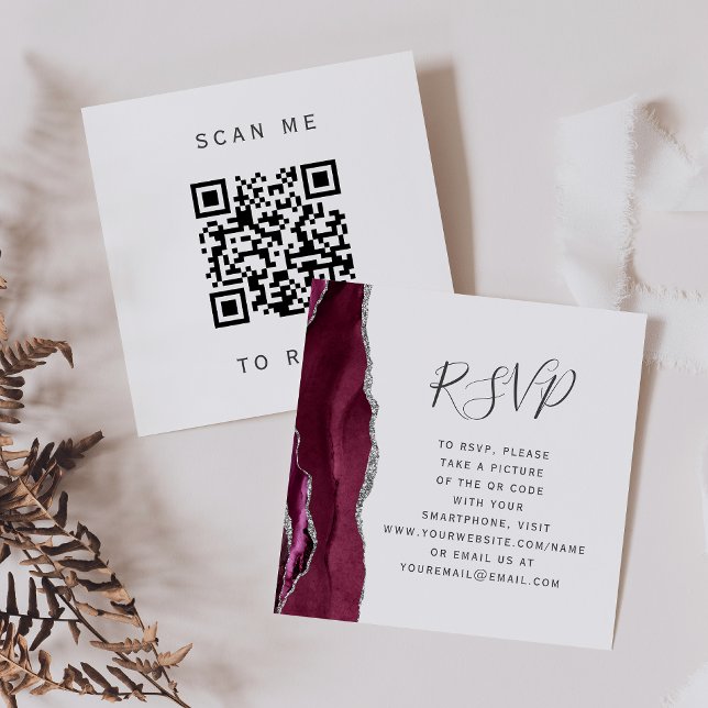 Burgundy Silver Agate Bröllop QR Code OSA Tilläggskort (Skapare uppladdad)